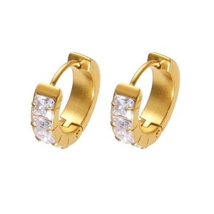 18K gold plated stainless steel C-shaped earrings with triple princess cut zircons
