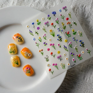 Detailed 5D embossed floral nail art stickers TS-070 with orange gradient manicure