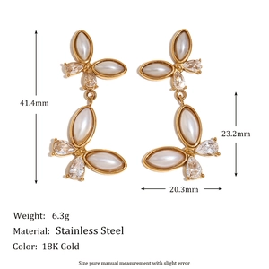 18K gold plated stainless steel butterfly drop earrings with pearls and zircon stones