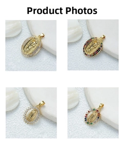 Macro shot of 18K gold plated Virgin Mary pendants with colorful micro zircon inlay