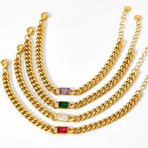 Bracelet À Mailles Cubaines Vintage En Acier Inoxydable Avec Zircon Rectangulaire Bijoux Géométriques Femmes
