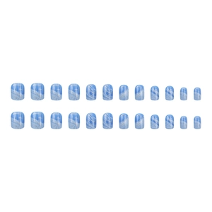 Faux ongles courts carrés bleu et blanc marbré avec paillettes dorées, lot de 24