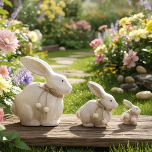 Famiglia Di Conigli Ornamenti In Legno Bianco Invecchiato Statuine Decorazione Tavolo Rustica Scultura Miniatura