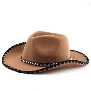 Classic brown felt western cowboy hat with studded leather band and wide brim design
