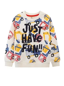 Boys beige crewneck sweatshirt featuring all-over colorful excavator print and text