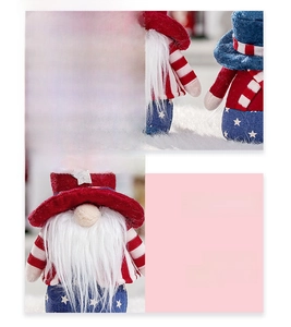 Detailed close-up showing the soft synthetic beard and fabric textures of the patriotic gnome
