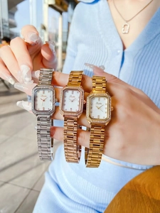 Three elegant square women watches with crystal bezels and mother-of-pearl dials