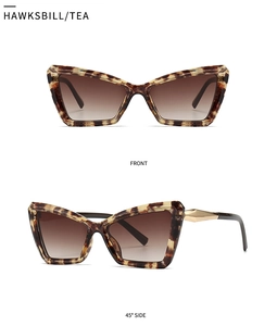 Front and 45-degree side views of tortoise shell cat-eye sunglasses with tea lenses