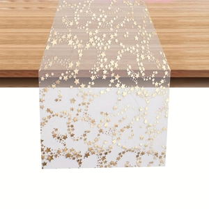 Sheer mesh table runner with gold star patterns for festive wedding and home table decor