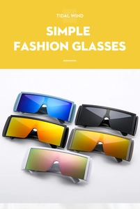 Detail shot of oversized square semi-rimless sunglasses with colorful mirror lenses