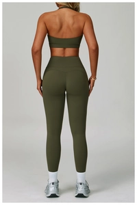 Back view of backless yoga set in olive green featuring high-waist seamless leggings