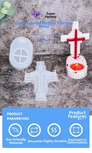 Detailed view of cross candle holder silicone mold with resin craft and candle example