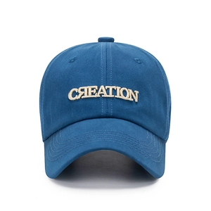 Blue soft cotton baseball cap with 3D Creation embroidery and curved brim for sun protection