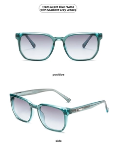 Detail of transparent blue sunglasses frame with grey gradient lenses and silver metal hinges