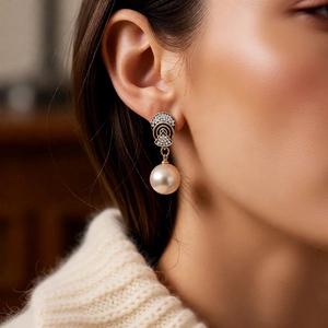 Detailed view of elegant gold and black diamond-encrusted pearl earrings on a model