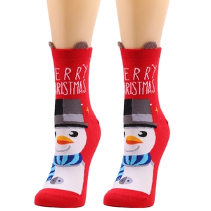 Red Christmas socks featuring cute snowman patterns and 3D ear accents for festive wear