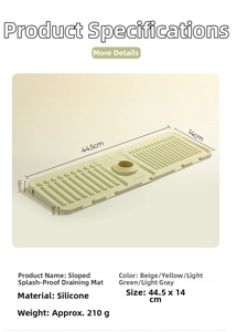Detail view of sloped silicone sink splash mat with drainage grooves and dimensions