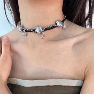 Y2K Puffy Star Choker Necklace Bracelet Alloy Metal Chain Black Leather Rope Rhinestone Pendant Punk Jewelry For Women