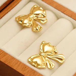 Bowknot Stud Earrings With Stainless Steel Earring Post 18K Gold Plated Heart Jewelry For Women Cute Minimalist Style