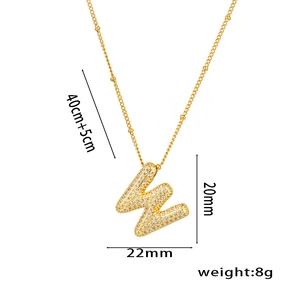 18K gold plated letter W pendant necklace with pavé zircon stones and size measurements