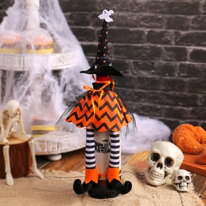 Halloween witch hat wine bottle cover with orange polka dots and striped legs decor