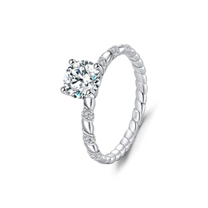Classic 1 carat moissanite 925 silver ring with twist band and four-prong setting