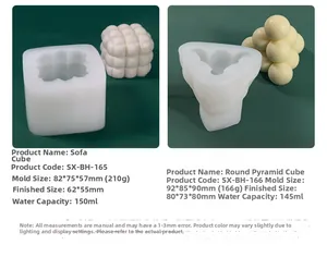 Detailed size specifications for cube and pyramid silicone candle molds with finished product dimensions