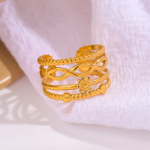 Gold plated multilayer open ring with hollow woven design and floral accents for women