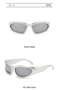Front and 45-degree side view of futuristic silver Y2K sports sunglasses with grey lenses