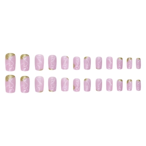 Pink marble press-on nails with gold glitter tips, 24pcs reusable elegant fake nails set