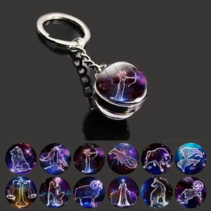 Detail of 12 zodiac signs glass ball pendants with Sagittarius keychain close-up