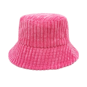 Detailed view of pink thick-striped corduroy bucket hat with plush textured fabric