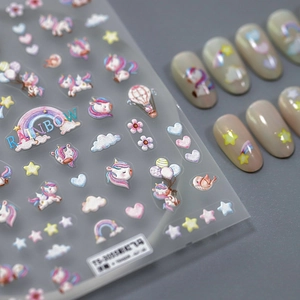 Embossed 5D Nail Art Stickers Unicorn Rainbow Heart Pattern Thin Adhesive Decals Glitter Cartoon Nail Jewelry