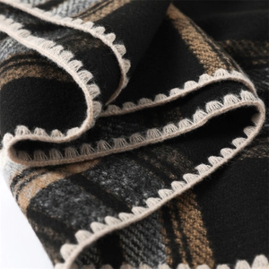 Detailed close-up of plaid cashmere-like fabric showing texture and beige overlock edge