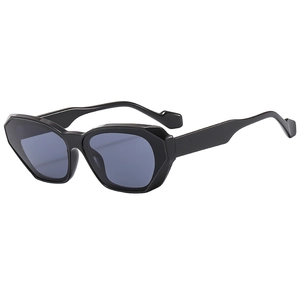 Modern black geometric cat-eye sunglasses with blue lenses in a 45-degree angle view