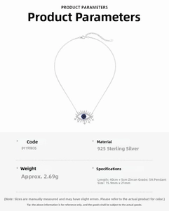 Detailed specs for S925 sterling silver evil eye necklace with blue and white zircon