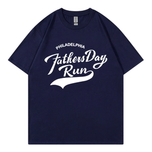 Dark blue oversized T-shirt with white Fathers Day Run graphic print on white background