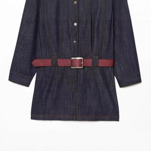 Dark blue denim shirt dress with burgundy leather belt and silver buckle details