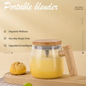 Portable electric self-stirring coffee mug with wood grain handle and glass body