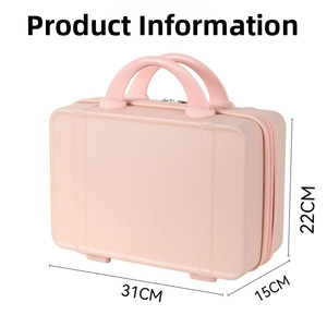 Detail view of pink 14 inch mini hard shell suitcase showing 31x15x22 cm dimensions