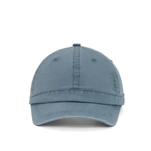 Faded blue washed cotton baseball cap with 13cm deep crown and decorative stitching