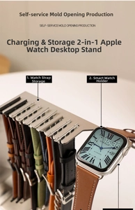 Detalle del soporte de acero para Apple Watch con espacio para ocho correas y un reloj