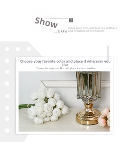 Detailed view of artificial white peonies in a gold-base ribbed glass vase for home decor