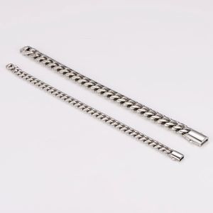 Two polished silver stainless steel Cuban chain bracelets in different widths on white