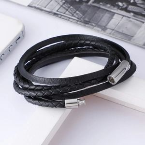 Multi-layer Woven Leather Bracelet With Stainless Steel Magnetic Clasp Punk Style For Men Casual Jewelry