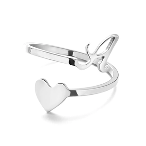 Adjustable silver stainless steel open ring featuring a letter A and heart design