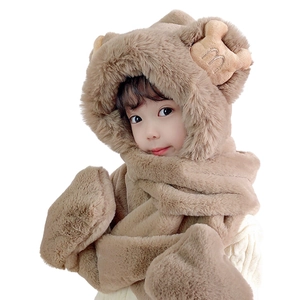 Kids plush 3-in-1 winter hood with scarf and mittens in khaki, thickened for warmth