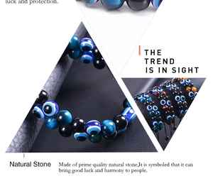 Macro detail of hand-woven evil eye bracelet with natural tiger eye and black stone