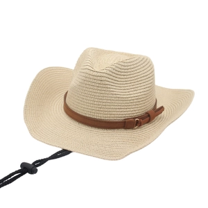 Handmade raffia straw sun hat with brown leather band and adjustable wind rope
