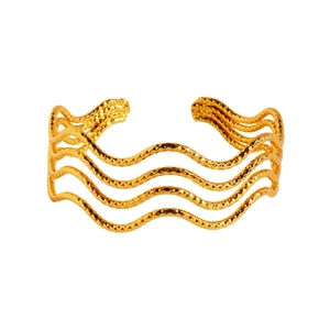 Unique layered wavy open cuff bracelet in gold-plated copper with a shiny faceted finish